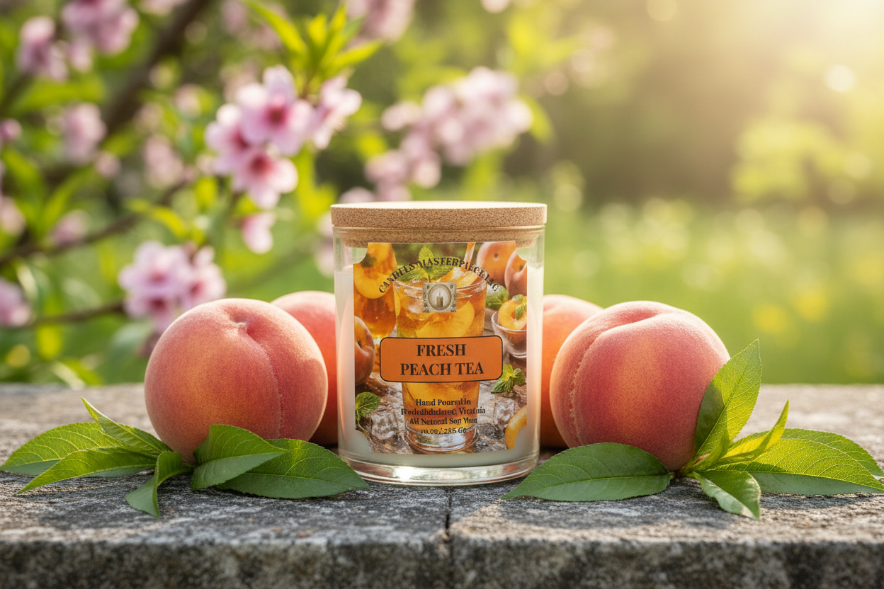 Fresh Peach Tea Candle in Summer Setting