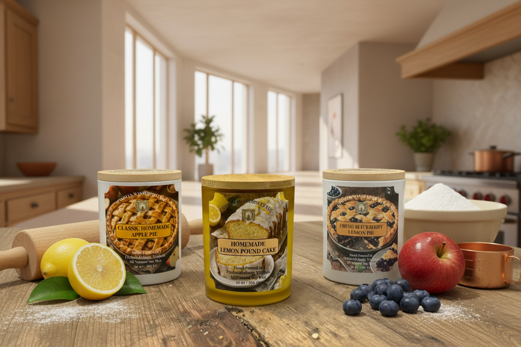 Lemon Pound Cake Apple Pie Blueberry Lemon Pie Candles on Kitchen Table